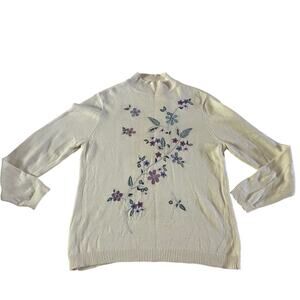 Vtg Y2K 2000s Cream Floral Embroidered Cottagecore Turtleneck Sweater Sz M